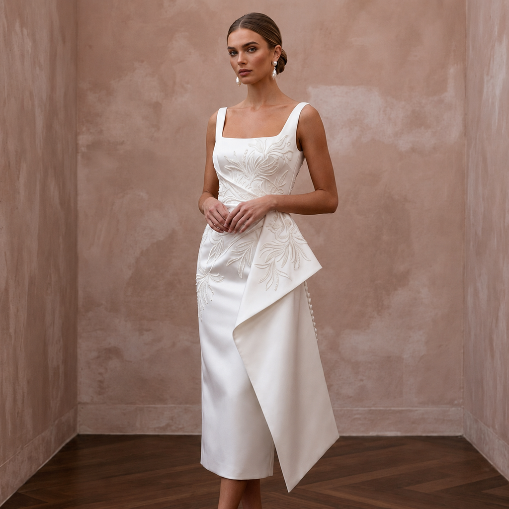 Sophisticated Off-White Satin Pencil Dress for Civil Ceremony