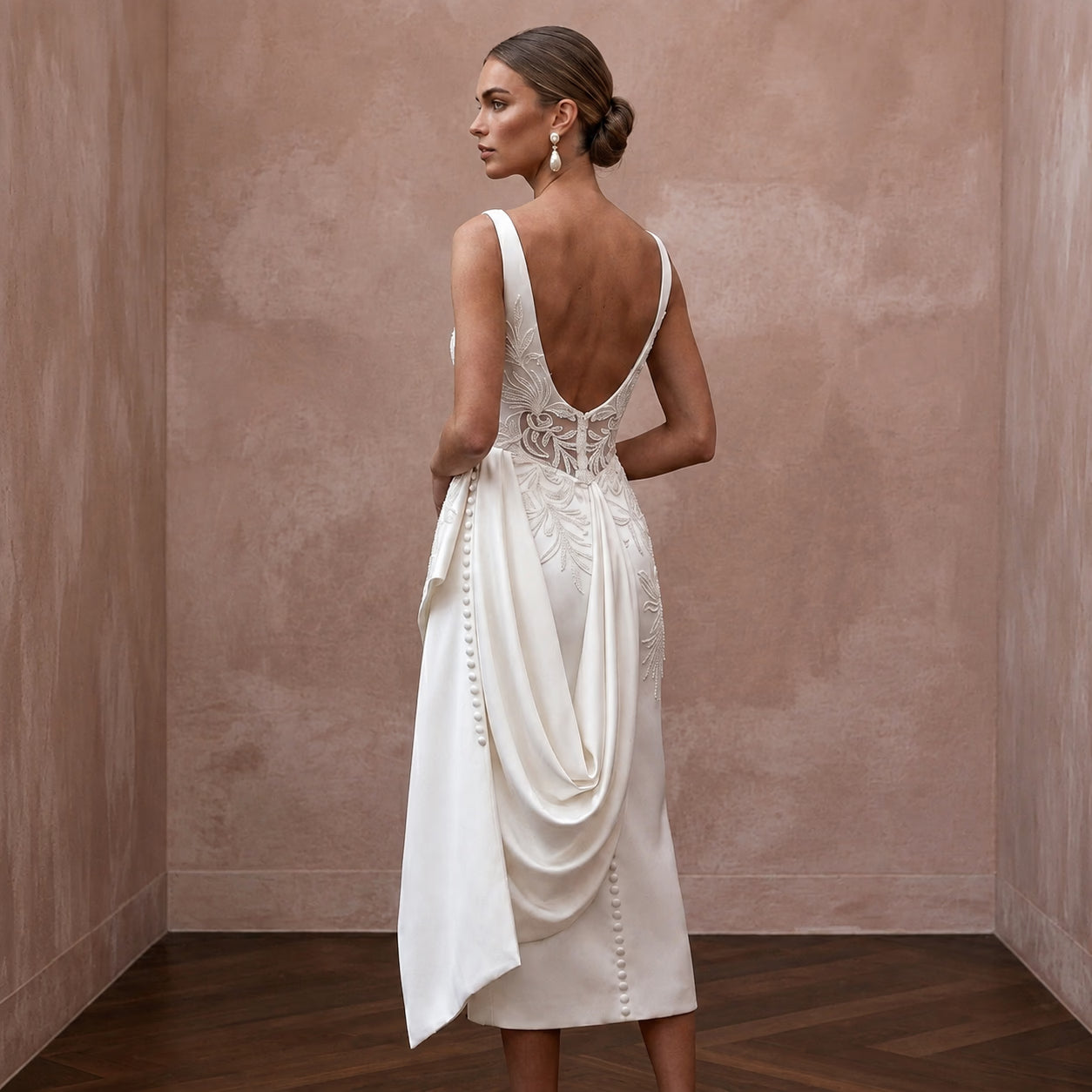 Sophisticated Off-White Satin Pencil Dress for Civil Ceremony Secondary image