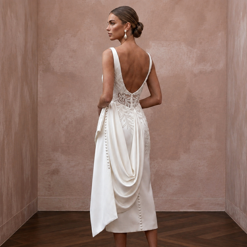 Sophisticated Off-White Satin Pencil Dress for Civil Ceremony