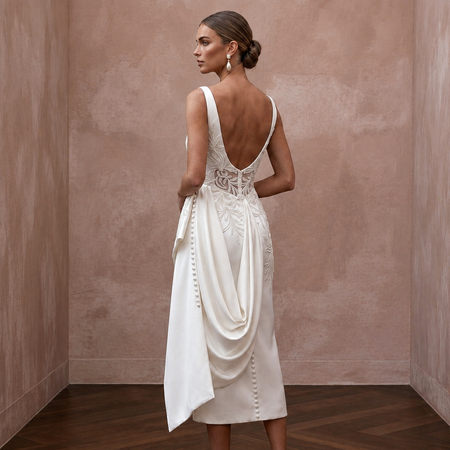 Sophisticated Off-White Satin Pencil Dress for Civil Ceremony