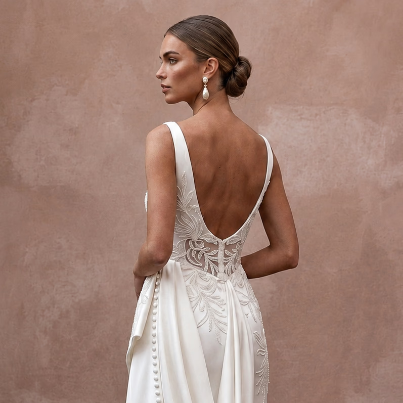 Sophisticated Off - White Satin Pencil Dress for Civil Ceremony - Apparel & Accessories > Clothing > Wedding & Bridal Party Dresses > Wedding Dresses - Mignonette Bridal