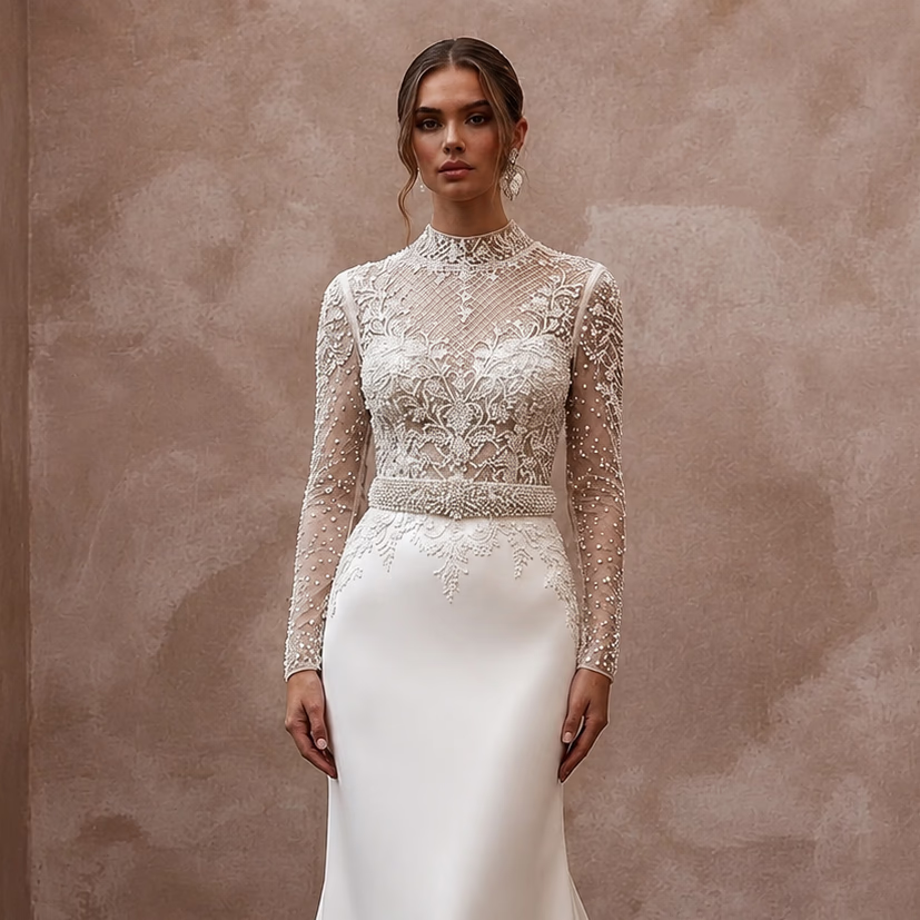 Sophisticated Wedding Dresses with Handcrafted Pearl Embroidery - Apparel & Accessories > Clothing > Wedding & Bridal Party Dresses > Wedding Dresses - Mignonette