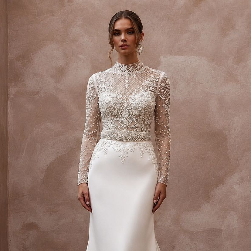 Sophisticated Wedding Dresses with Handcrafted Pearl Embroidery