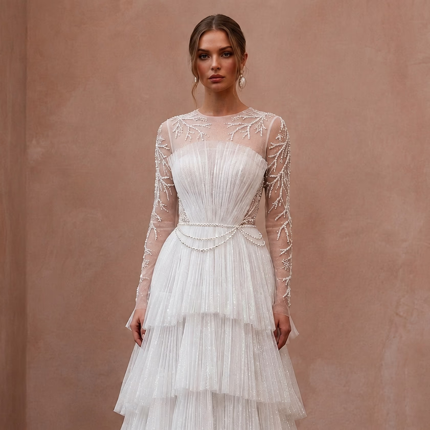 Sparkling White Iridescent Tulle Dress for Winter Wonderland Elopement - Apparel & Accessories > Clothing > Wedding & Bridal Party Dresses > Wedding Dresses - Mignonette Bridal