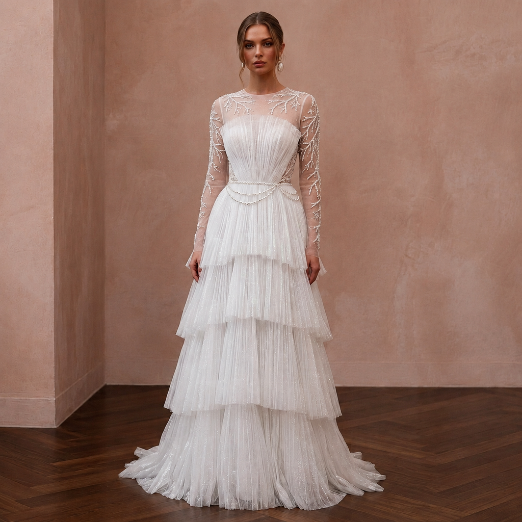 Sparkling White Iridescent Tulle Dress for Winter Wonderland Elopement