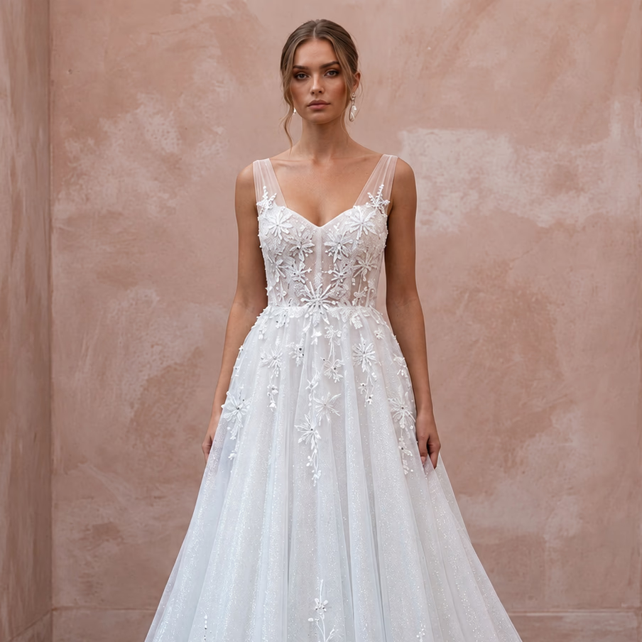 Sparkling White Iridescent Tulle Wedding Dress for Winter Wonderland Elopement