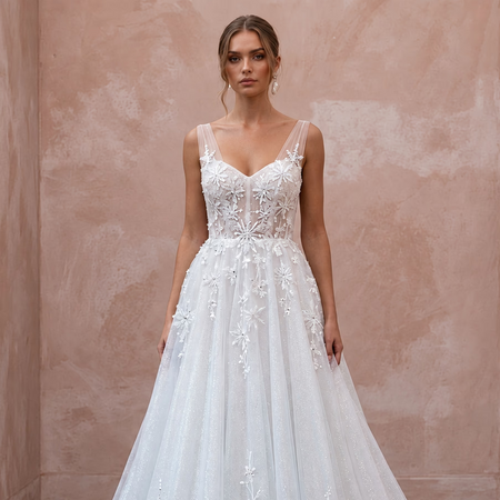 Sparkling White Iridescent Tulle Wedding Dress for Winter Wonderland Elopement
