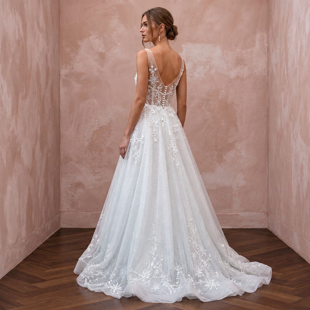 Sparkling White Iridescent Tulle Wedding Dress for Winter Wonderland Elopement