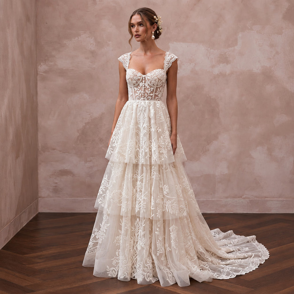 Spellbinding Ivory Flocked Tulle Boho Bridal Gown for Vow Renewal