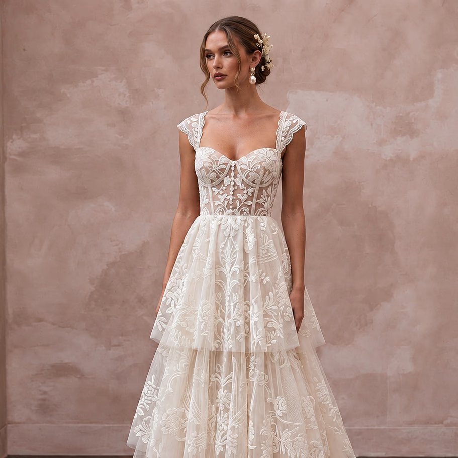 Spellbinding Ivory Flocked Tulle Boho Bridal Gown for Vow Renewal
