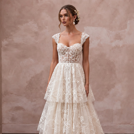 Spellbinding Ivory Flocked Tulle Boho Bridal Gown for Vow Renewal