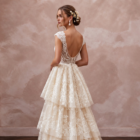 Spellbinding Ivory Flocked Tulle Boho Bridal Gown for Vow Renewal