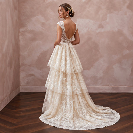 Spellbinding Ivory Flocked Tulle Boho Bridal Gown for Vow Renewal