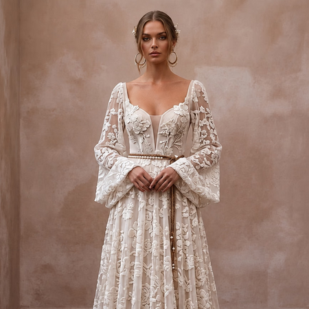 Spellbinding Ivory Flocked Tulle Boho Gown for Vow Renewal - Apparel & Accessories > Clothing > Wedding & Bridal Party Dresses > Wedding Dresses - Mignonette Bridal