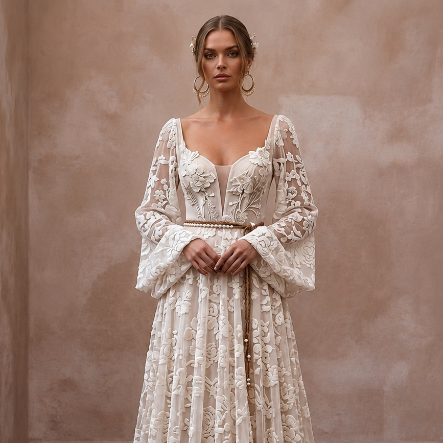 Spellbinding Ivory Flocked Tulle Boho Gown for Vow Renewal