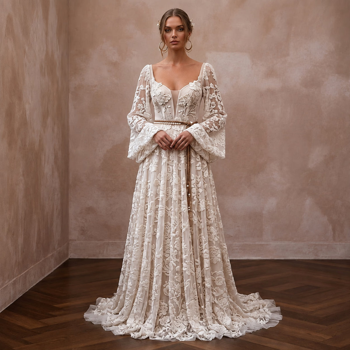 Spellbinding Ivory Flocked Tulle Boho Gown for Vow Renewal - Apparel & Accessories > Clothing > Wedding & Bridal Party Dresses > Wedding Dresses - Mignonette Bridal Main image