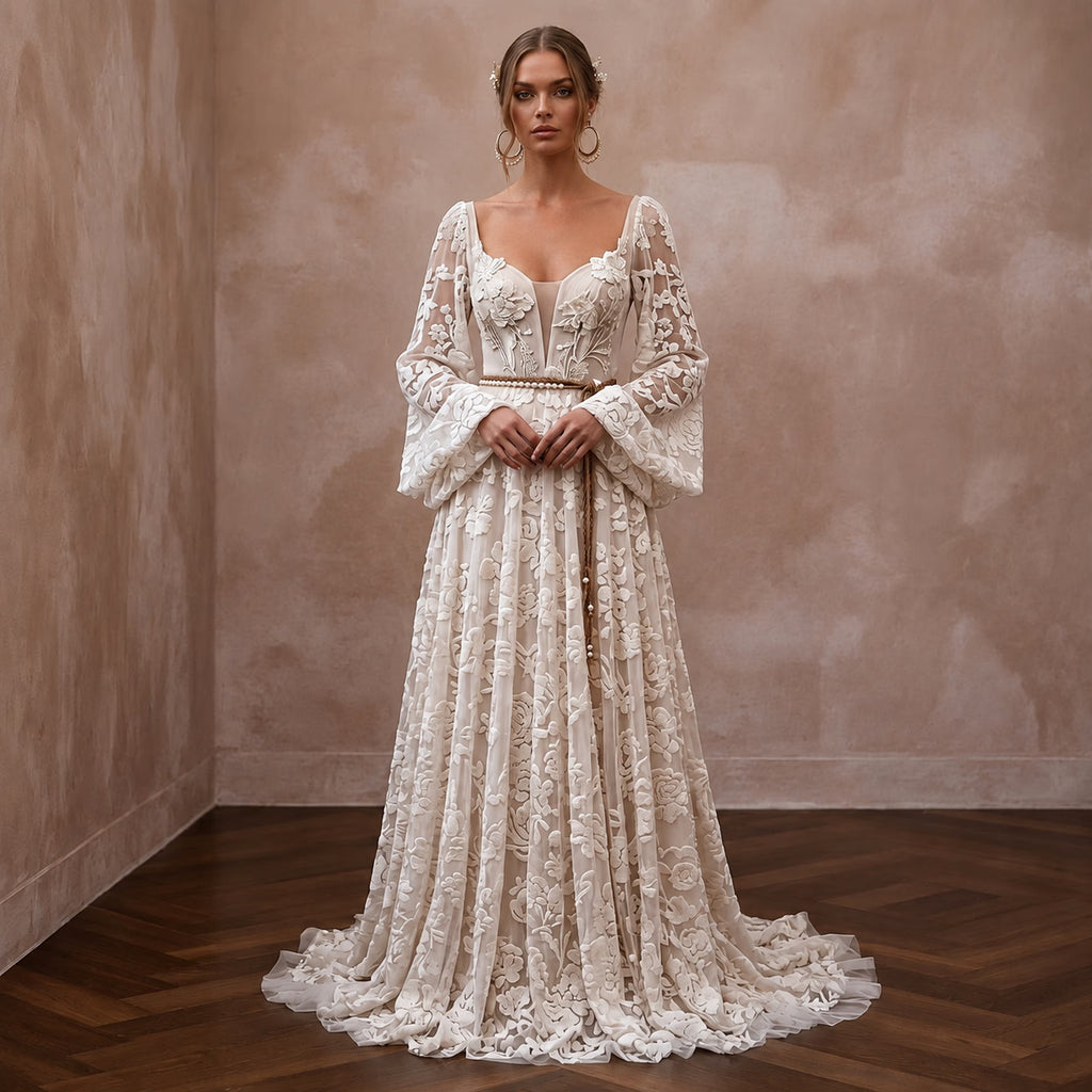 Spellbinding Ivory Flocked Tulle Boho Gown for Vow Renewal - Apparel & Accessories > Clothing > Wedding & Bridal Party Dresses > Wedding Dresses - Mignonette Bridal