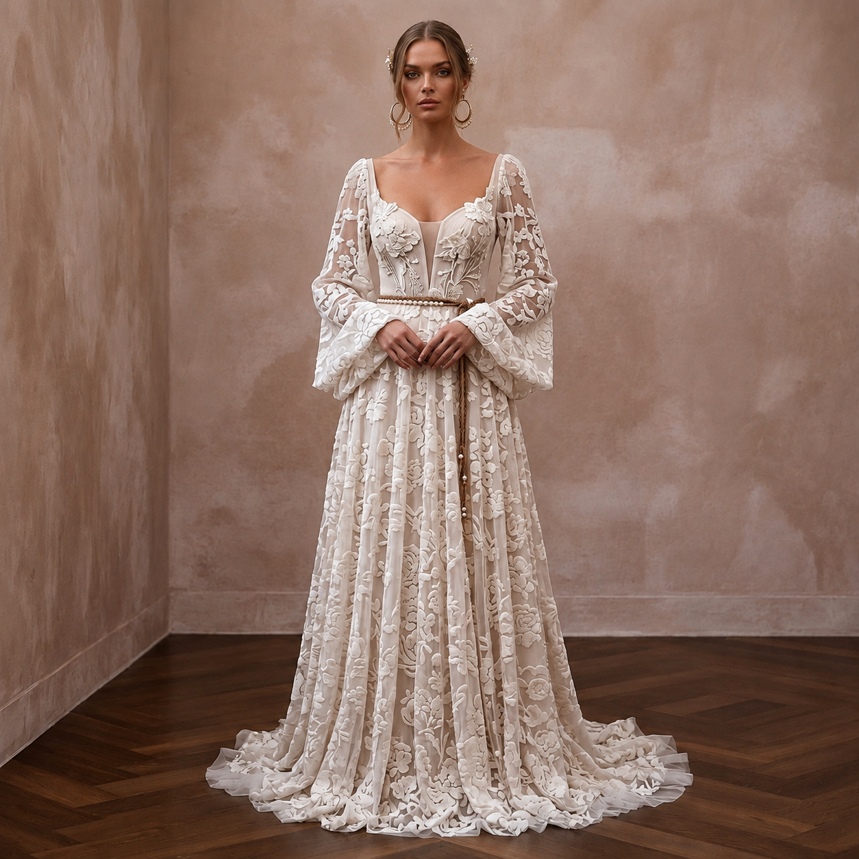 Spellbinding Ivory Flocked Tulle Boho Gown for Vow Renewal Main image