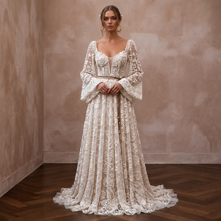 Spellbinding Ivory Flocked Tulle Boho Gown for Vow Renewal