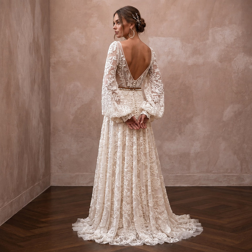 Spellbinding Ivory Flocked Tulle Boho Gown for Vow Renewal - Apparel & Accessories > Clothing > Wedding & Bridal Party Dresses > Wedding Dresses - Mignonette Bridal