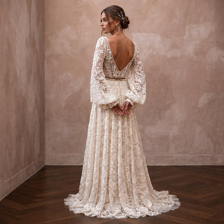 Spellbinding Ivory Flocked Tulle Boho Gown for Vow Renewal - Apparel & Accessories > Clothing > Wedding & Bridal Party Dresses > Wedding Dresses - Mignonette Bridal