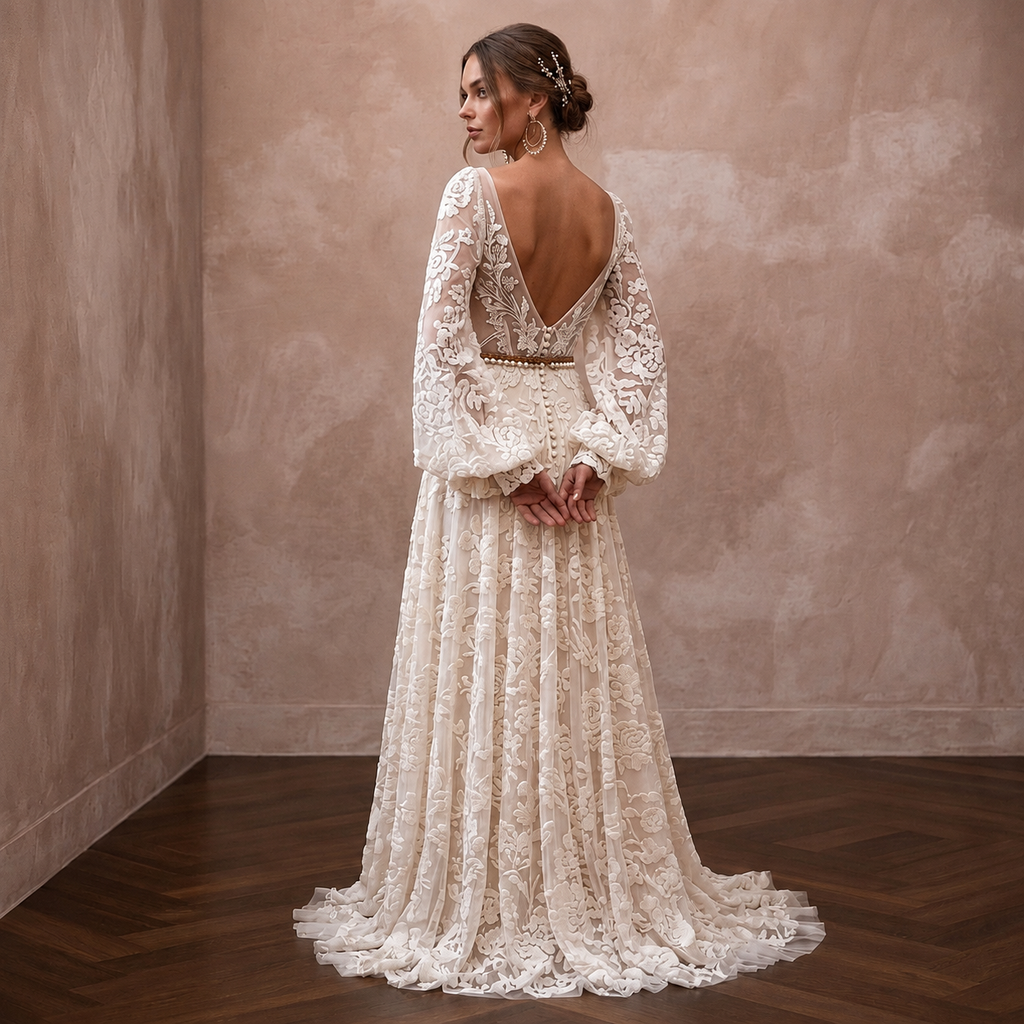 Spellbinding Ivory Flocked Tulle Boho Gown for Vow Renewal