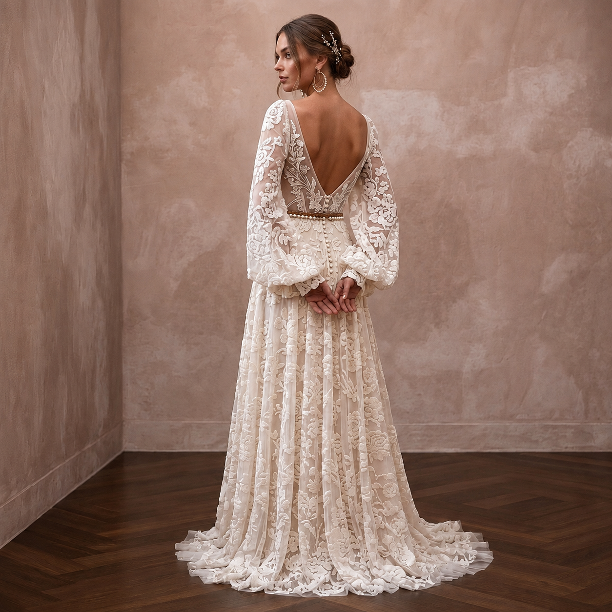 Spellbinding Ivory Flocked Tulle Boho Gown for Vow Renewal