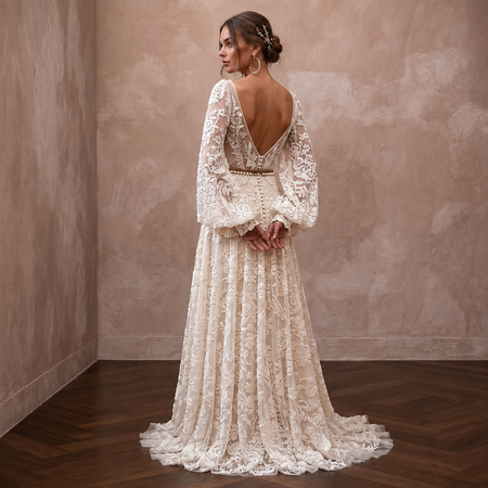 Spellbinding Ivory Flocked Tulle Boho Gown for Vow Renewal