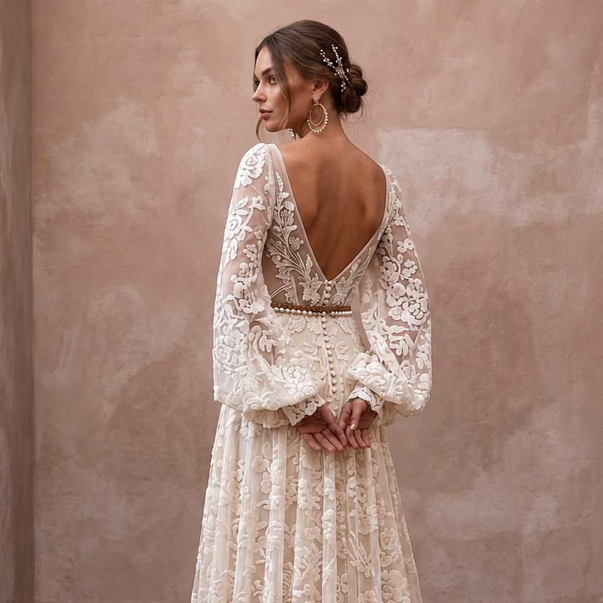 Spellbinding Ivory Flocked Tulle Boho Gown for Vow Renewal - Apparel & Accessories > Clothing > Wedding & Bridal Party Dresses > Wedding Dresses - Mignonette Bridal