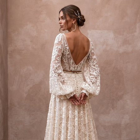 Spellbinding Ivory Flocked Tulle Boho Gown for Vow Renewal