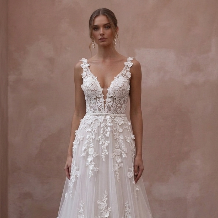 Spring Wedding Dresses with Floral Lace Appliqués