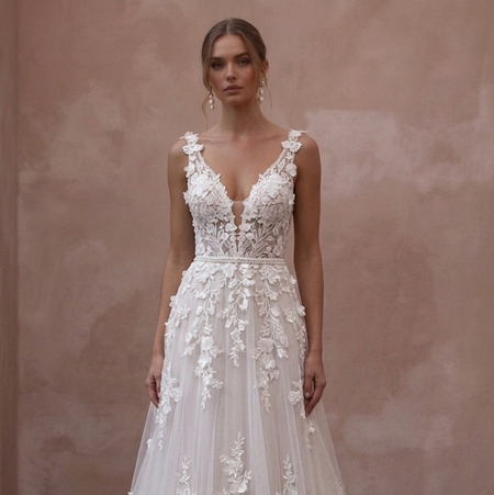 Spring Wedding Dresses with Floral Lace Appliqués