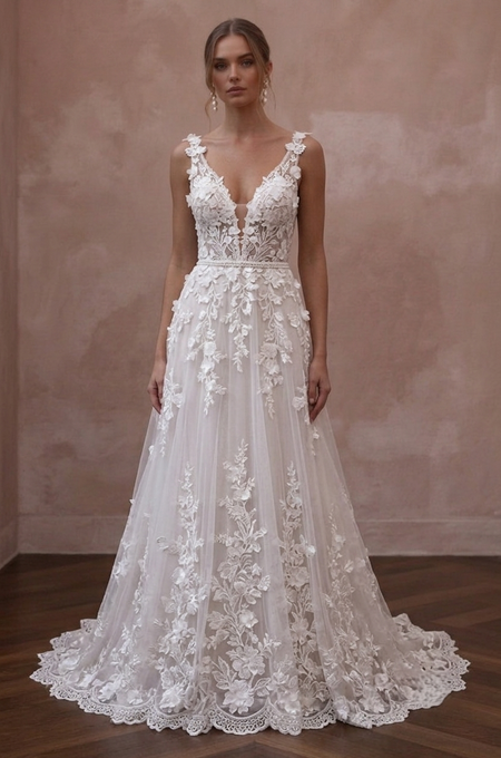 Spring Wedding Dresses with Floral Lace Appliqués