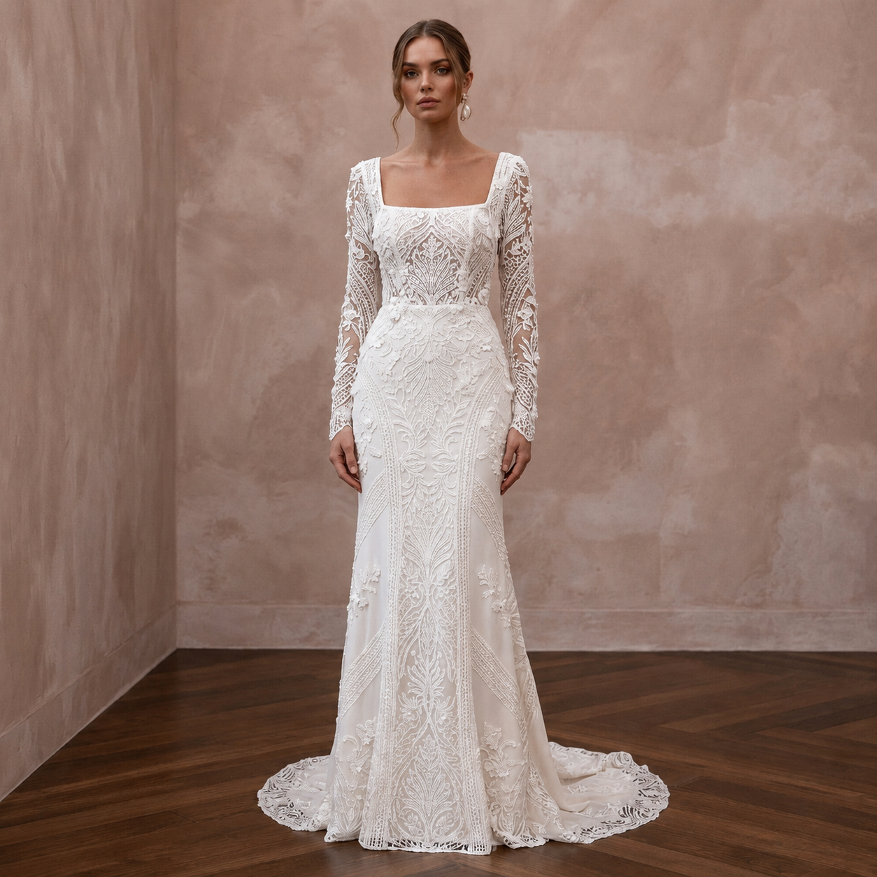 Square Neck Lace Bridal Dress with Long Sleeves - Apparel & Accessories > Clothing > Wedding & Bridal Party Dresses > Wedding Dresses - Mignonette Bridal