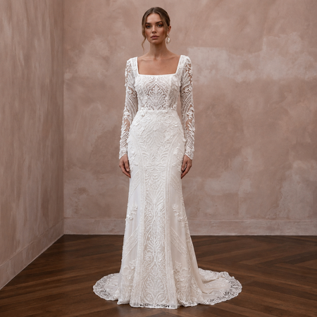 Square Neck Lace Bridal Dress with Long Sleeves - Apparel & Accessories > Clothing > Wedding & Bridal Party Dresses > Wedding Dresses - Mignonette Bridal