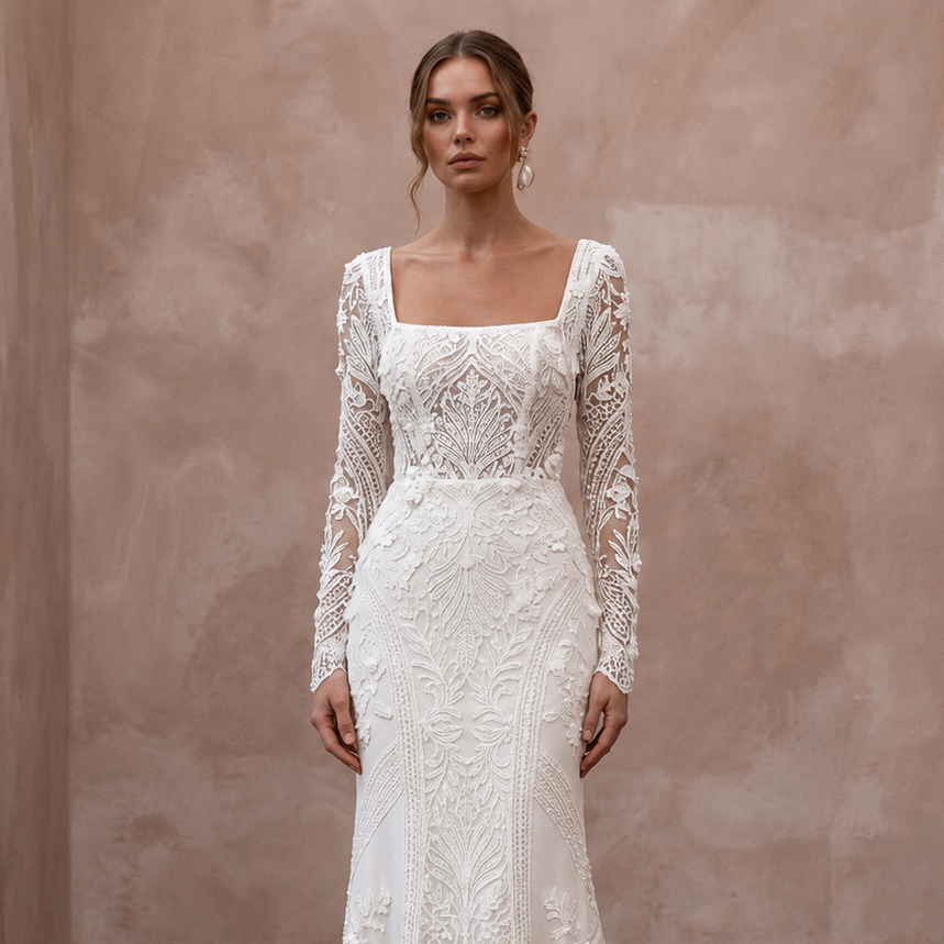Square Neck Lace Bridal Dress with Long Sleeves - Apparel & Accessories > Clothing > Wedding & Bridal Party Dresses > Wedding Dresses - Mignonette Bridal