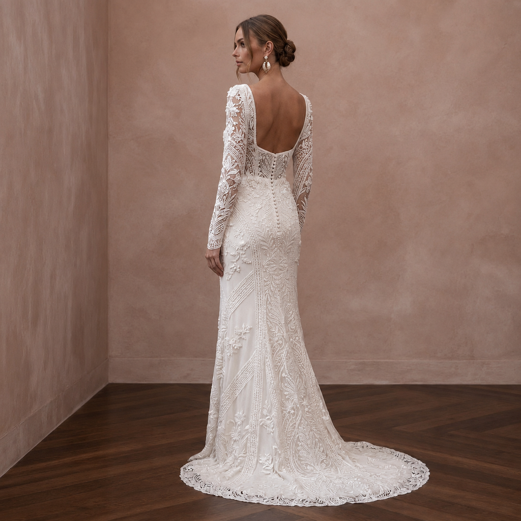 Square Neck Lace Bridal Dress with Long Sleeves - Apparel & Accessories > Clothing > Wedding & Bridal Party Dresses > Wedding Dresses - Mignonette Bridal