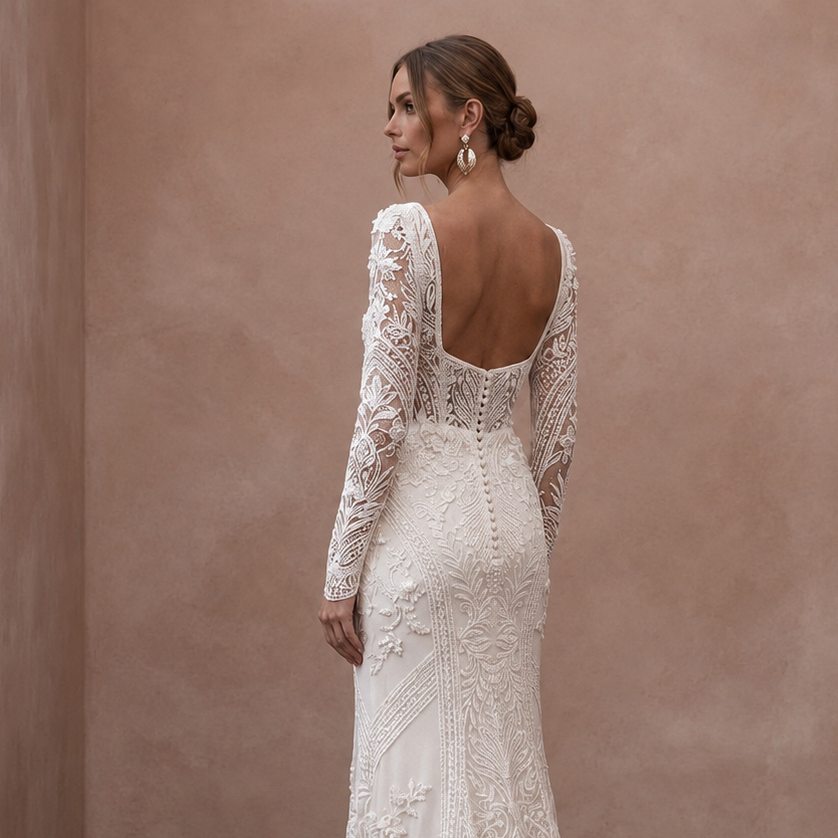 Square Neck Lace Bridal Dress with Long Sleeves - Apparel & Accessories > Clothing > Wedding & Bridal Party Dresses > Wedding Dresses - Mignonette Bridal