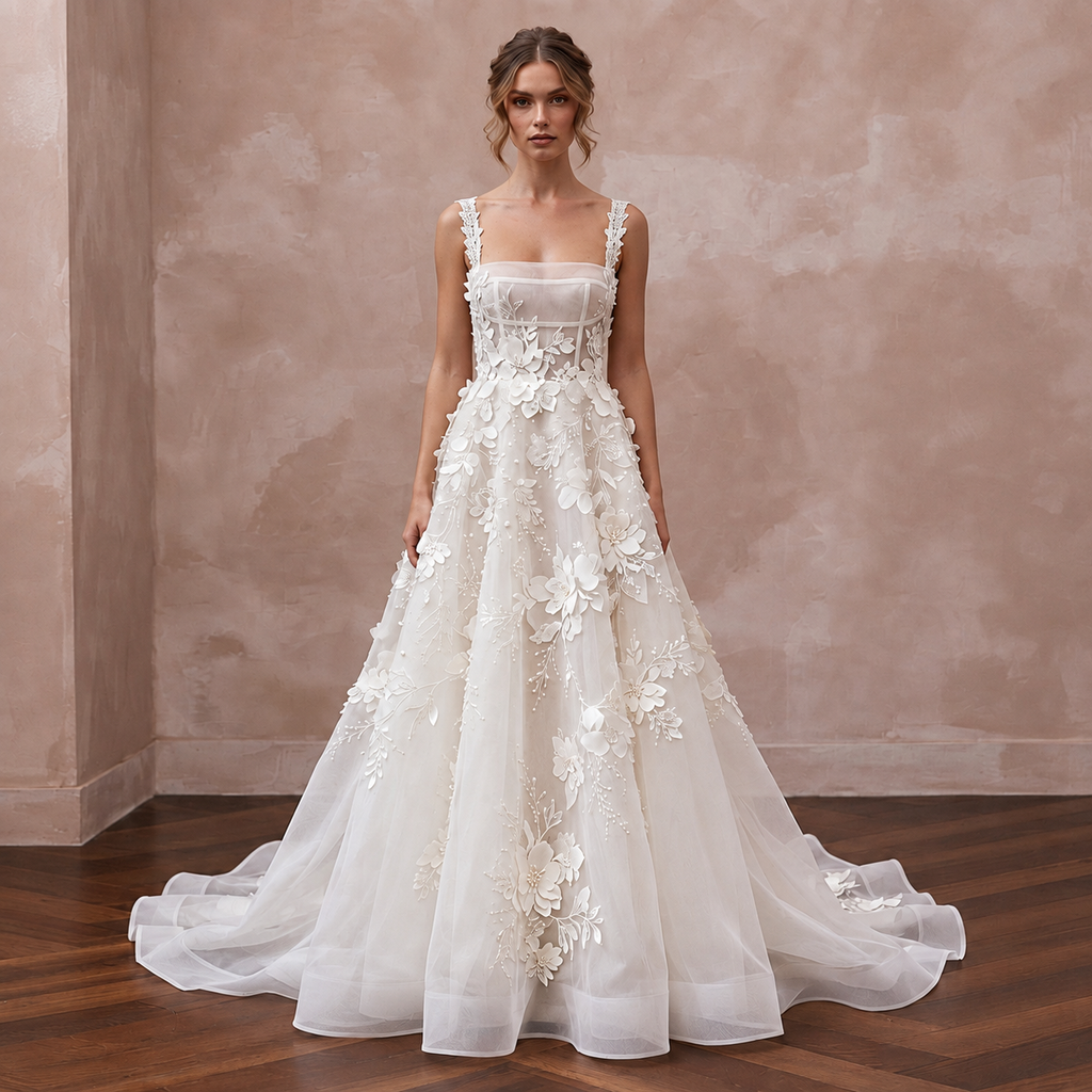 Elegant square neck organza bridal dress with floral appliqué details, perfect for a romantic wedding.