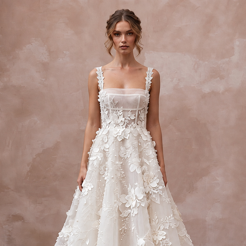 Elegant square neck organza bridal dress adorned with floral appliqués, perfect for a romantic wedding.