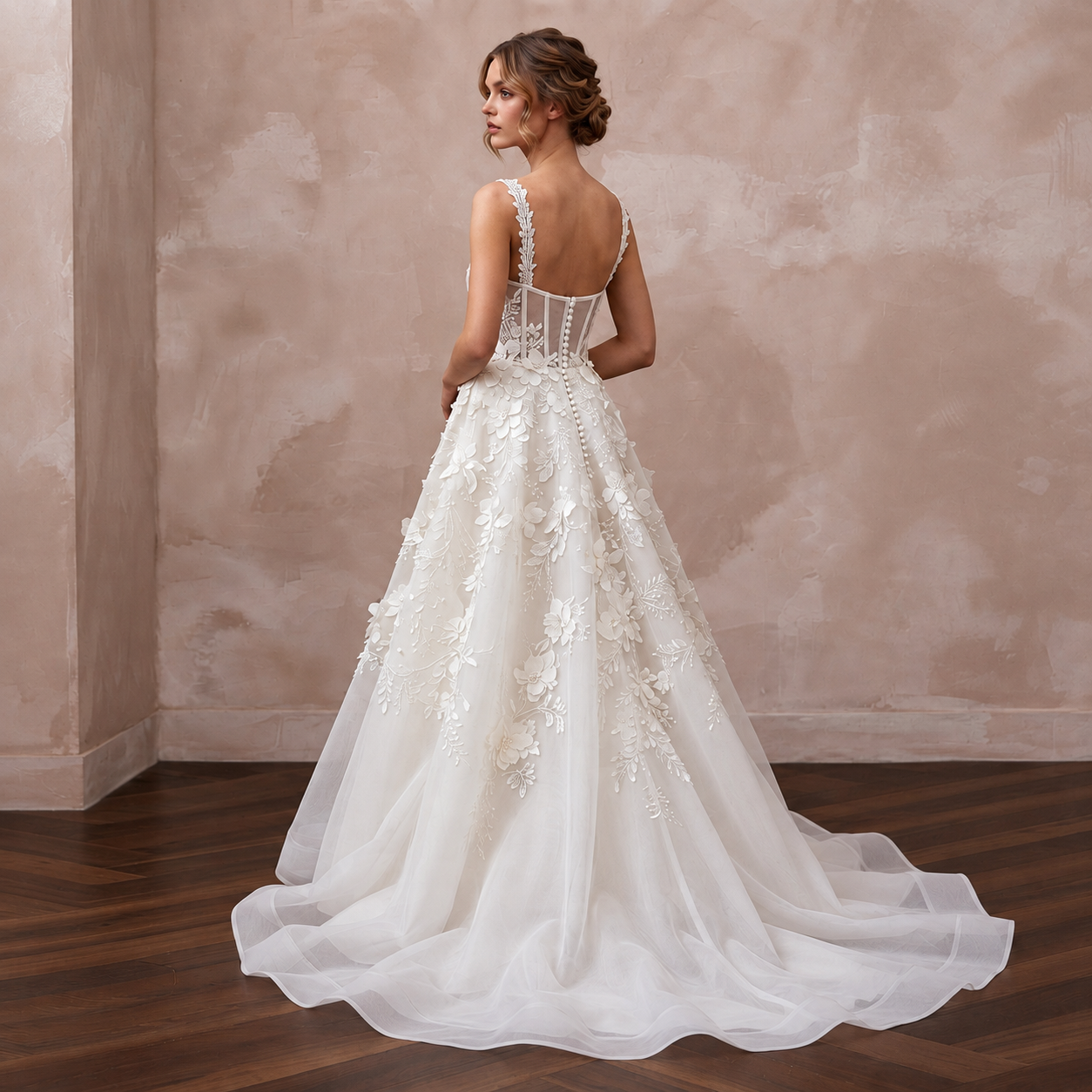 Elegant square neck organza bridal dress featuring floral appliqués, perfect for a romantic wedding.