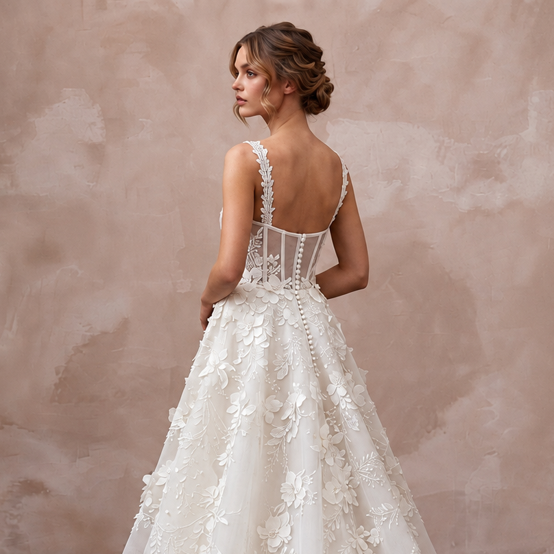 Elegant square neck organza bridal dress with floral embroidery, perfect for a romantic wedding. Back view shown.
