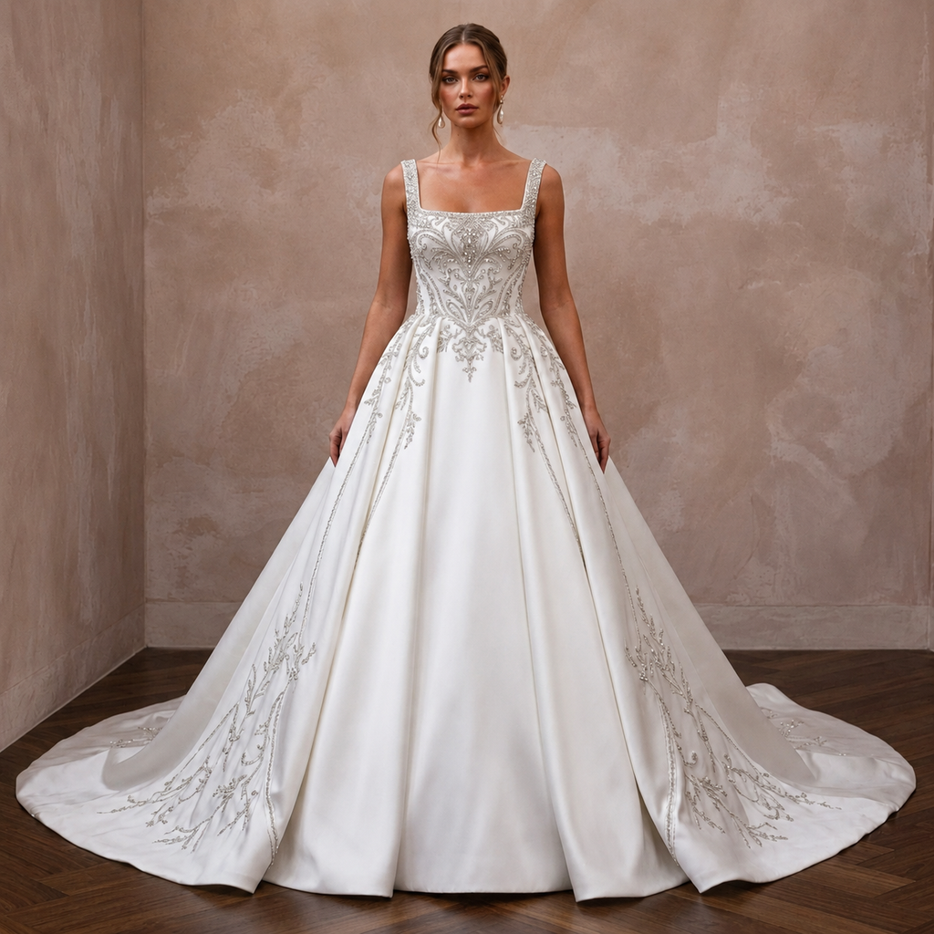 Square Neck Satin Bridal Gown with Ball Gown Silhouette - Apparel & Accessories > Clothing > Wedding & Bridal Party Dresses > Wedding Dresses - Mignonette Bridal