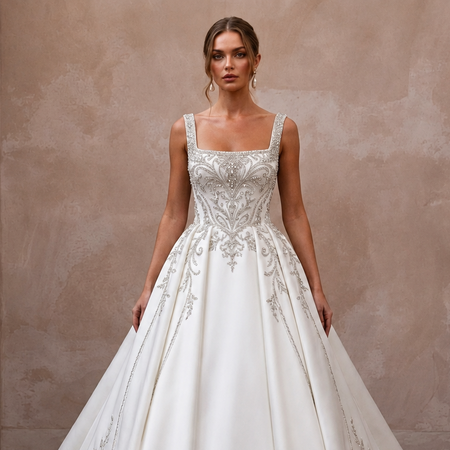 Square Neck Satin Bridal Gown with Ball Gown Silhouette - Apparel & Accessories > Clothing > Wedding & Bridal Party Dresses > Wedding Dresses - Mignonette Bridal