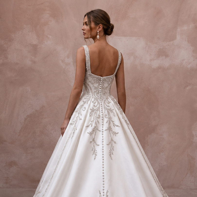 Square Neck Satin Bridal Gown with Ball Gown Silhouette - Apparel & Accessories > Clothing > Wedding & Bridal Party Dresses > Wedding Dresses - Mignonette Bridal
