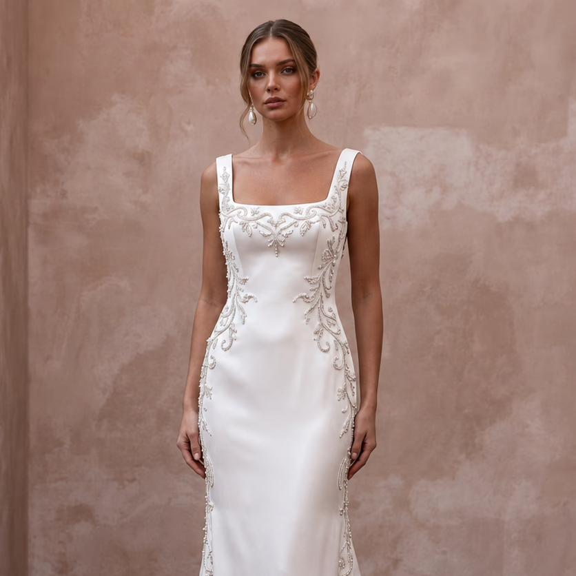 Square Neck Satin Wedding Dresses with Timeless Style - Apparel & Accessories > Clothing > Wedding & Bridal Party Dresses > Wedding Dresses - Mignonette