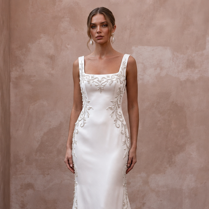 Square Neck Satin Wedding Dresses with Timeless Style