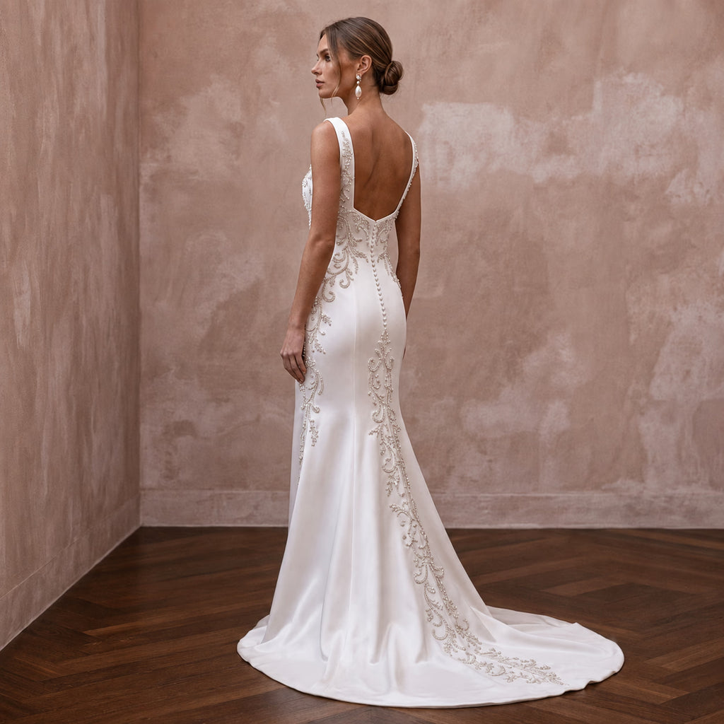 Square Neck Satin Wedding Dresses with Timeless Style - Apparel & Accessories > Clothing > Wedding & Bridal Party Dresses > Wedding Dresses - Mignonette