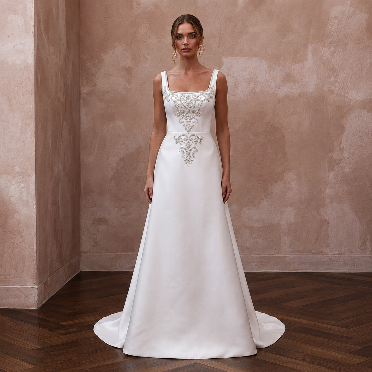Square Neck Wedding Dresses with Elegant Satin Finish - Apparel & Accessories > Clothing > Wedding & Bridal Party Dresses > Wedding Dresses - Mignonette Bridal