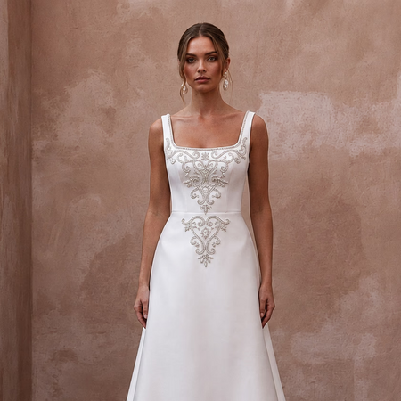Square Neck Wedding Dresses with Elegant Satin Finish - Apparel & Accessories > Clothing > Wedding & Bridal Party Dresses > Wedding Dresses - Mignonette Bridal
